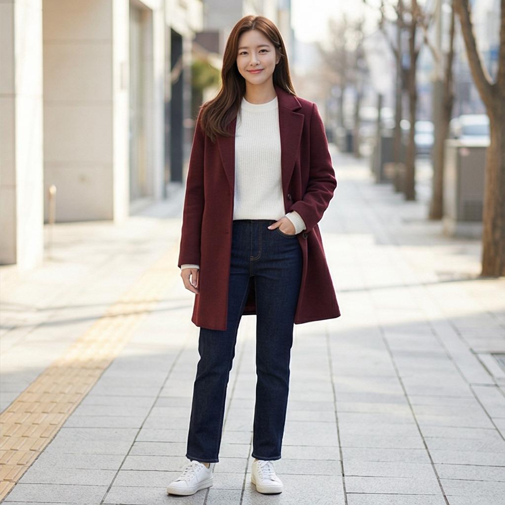 청바지, 화이트 니트: 편안한 캐주얼 스타일