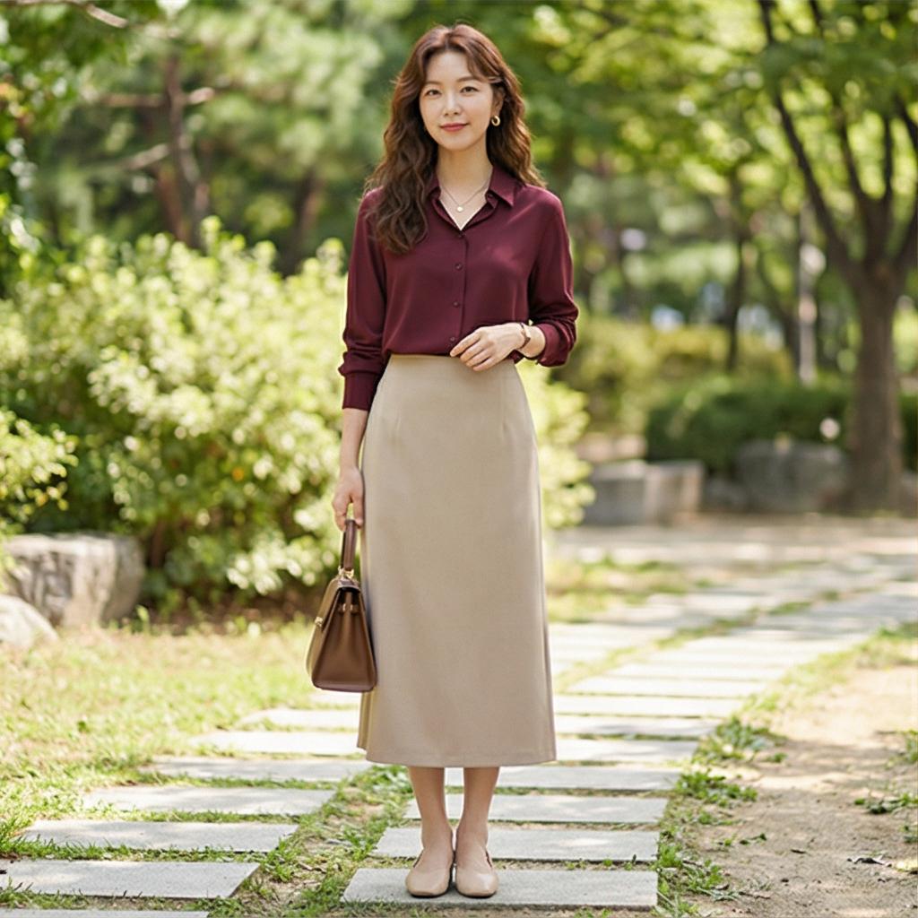베이지 롱 스커트: 부드럽고 온화한 분위기