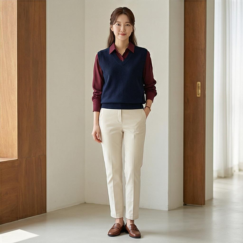 니트 조끼와 면바지: 포근한 비즈니스 캐주얼 스타일