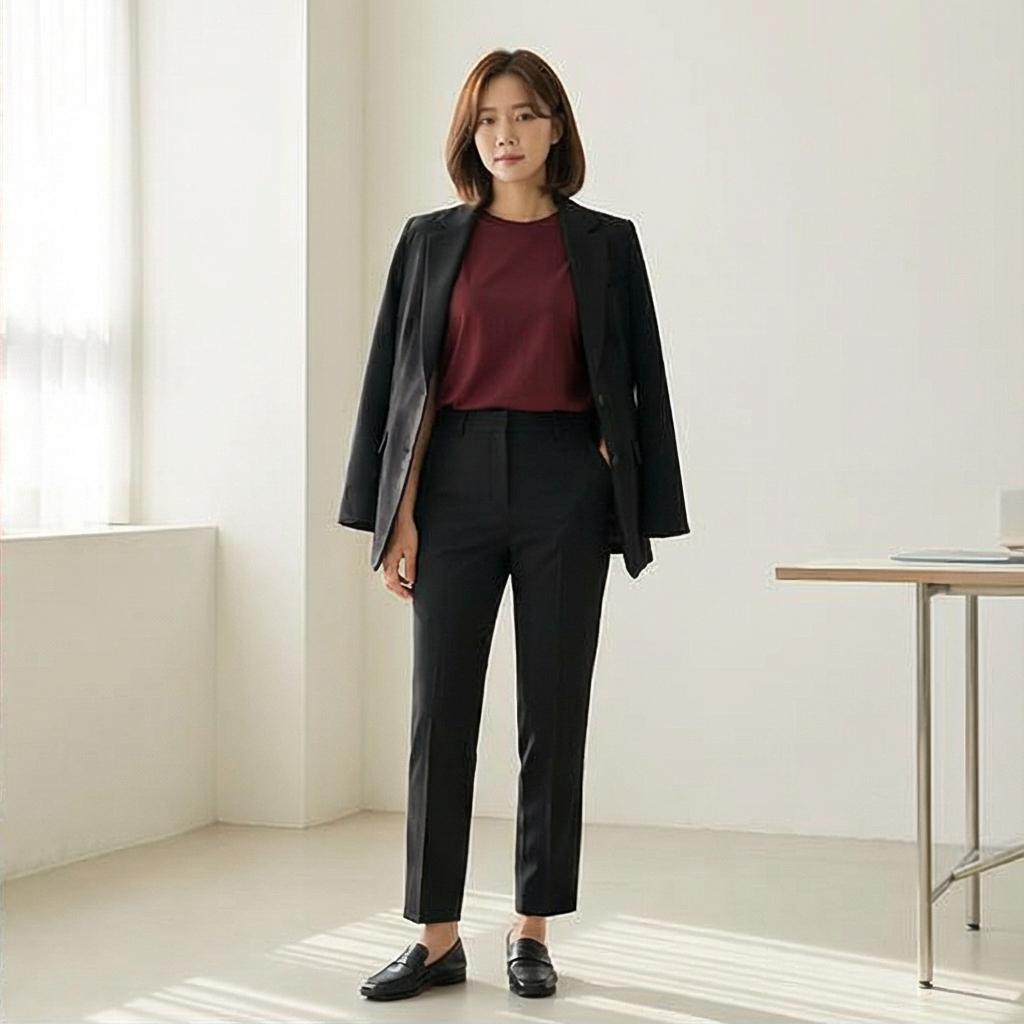 블랙 슬랙스와 자켓: 차분하고 단정한 오피스 스타일