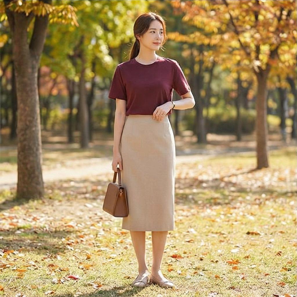 베이지 롱 스커트: 부드러운 분위기의 나들이 룩