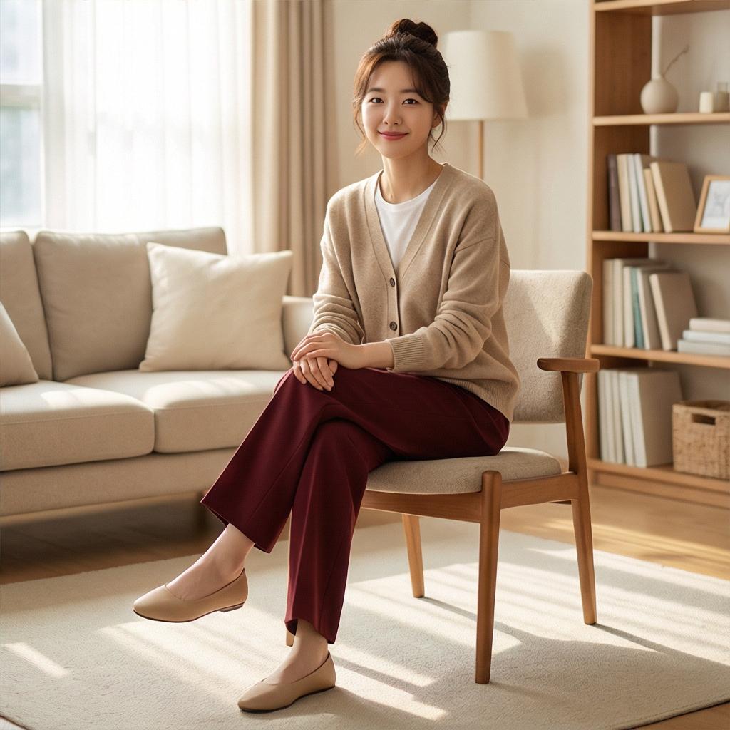 베이지 가디건 & 플랫슈즈: 부드러운 분위기의 일상룩