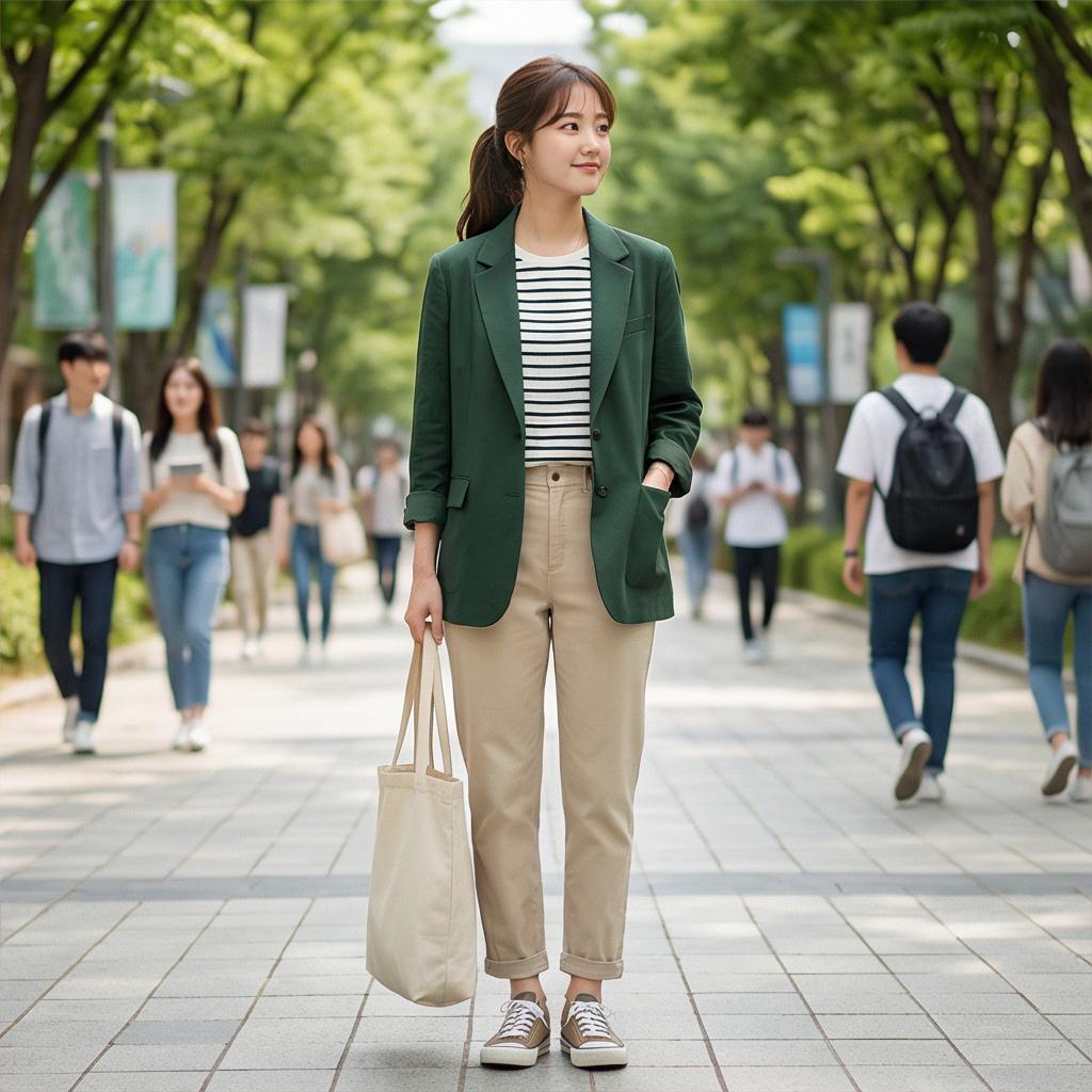 베이지색 면바지: 단정한 캠퍼스 룩
