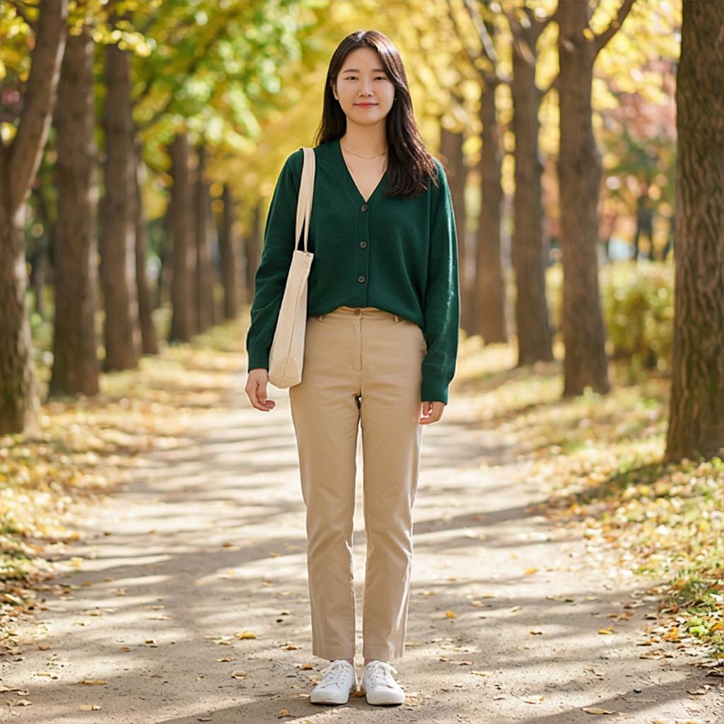 베이지색 치노 팬츠: 부드러운 분위기의 나들이 스타일
