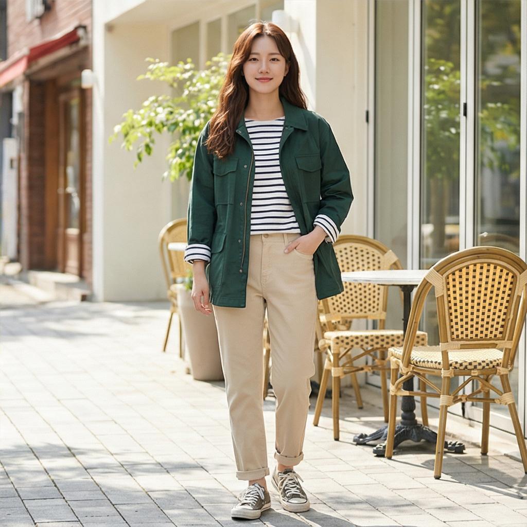 스트라이프 티셔츠와 코튼 팬츠: 경쾌한 주말룩