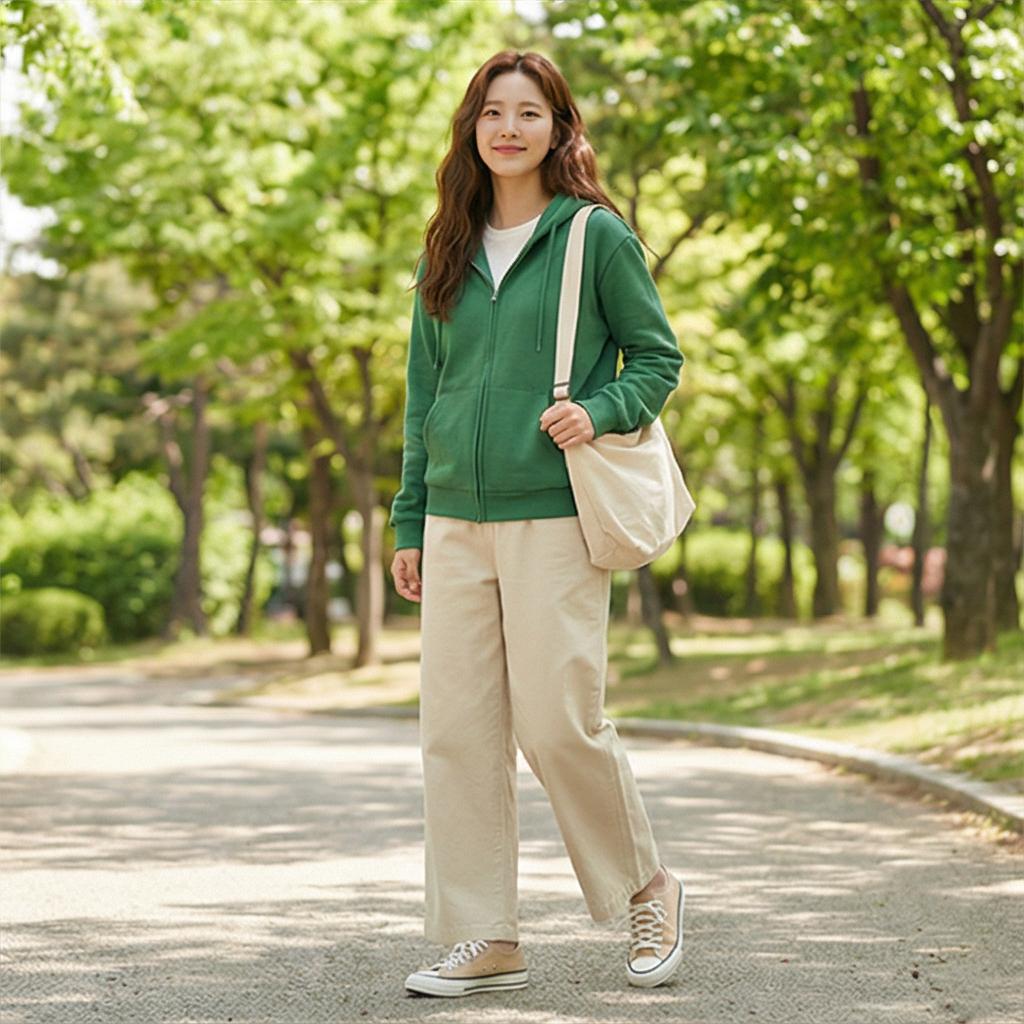 베이지 면바지: 부드러운 나들이 스타일