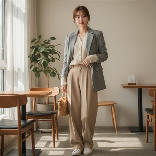 베이지 와이드 팬츠: 부드럽고 편안한 주말 나들이 룩