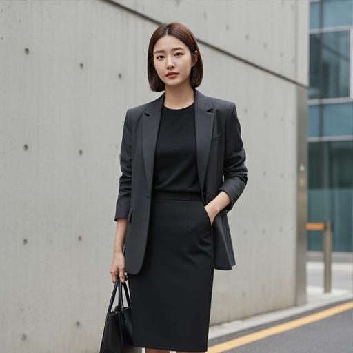 검정색 반팔 티셔츠 + 세미핏 스커트: 미니멀 출근룩