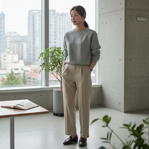 베이지색 와이드팬츠: 미니멀한 출근룩