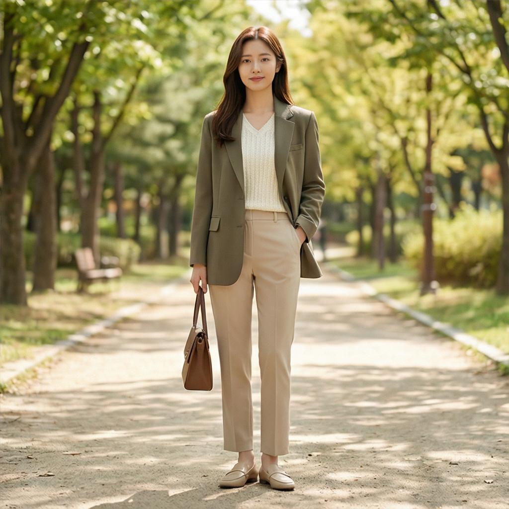 베이지색 바지와 아이보리 니트: 부드러운 나들이룩