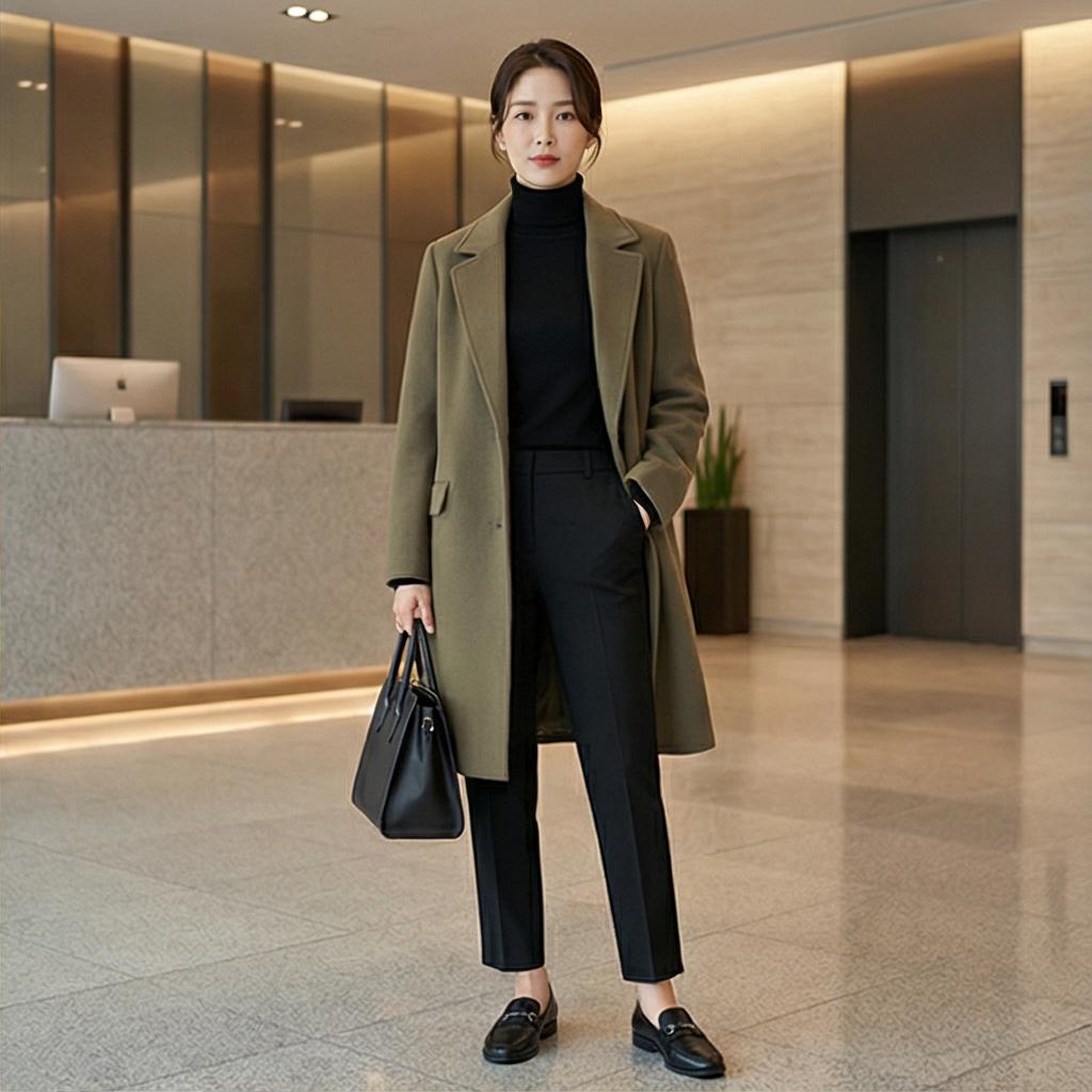 검정색 슬랙스와 터틀넥: 단정한 출근 분위기