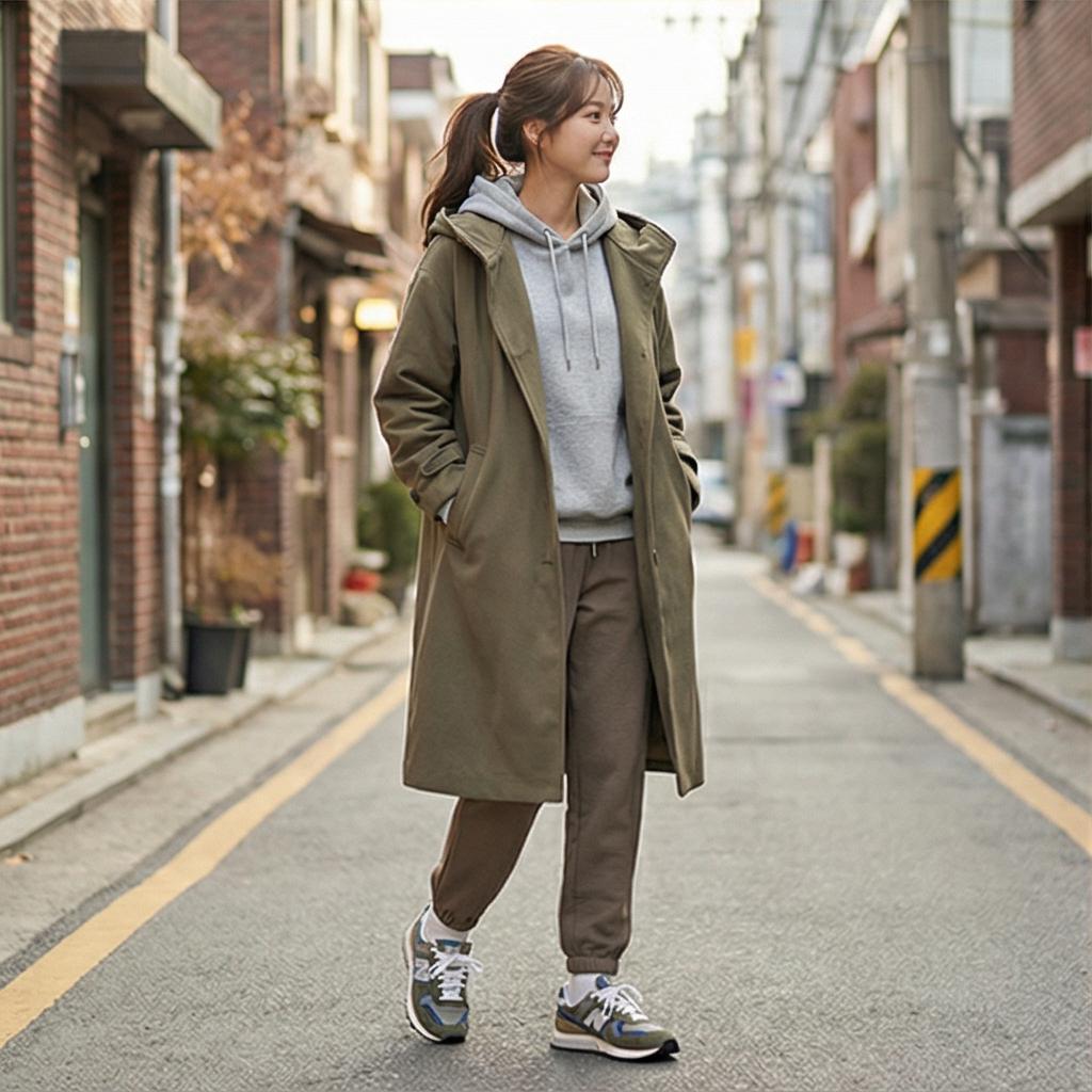 회색 후드티: 여유로운 나들이 스타일