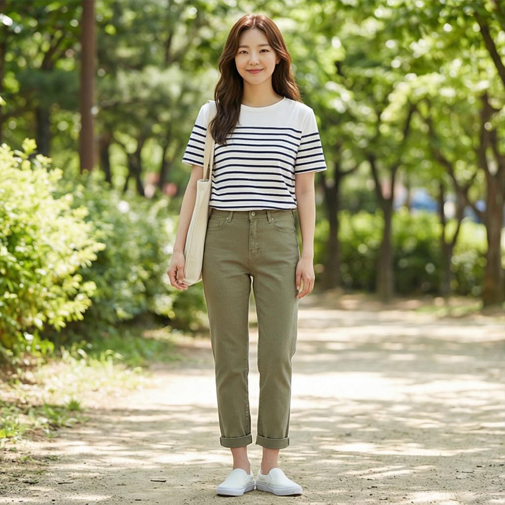 스트라이프 티셔츠: 생기 있는 주말 나들이 룩