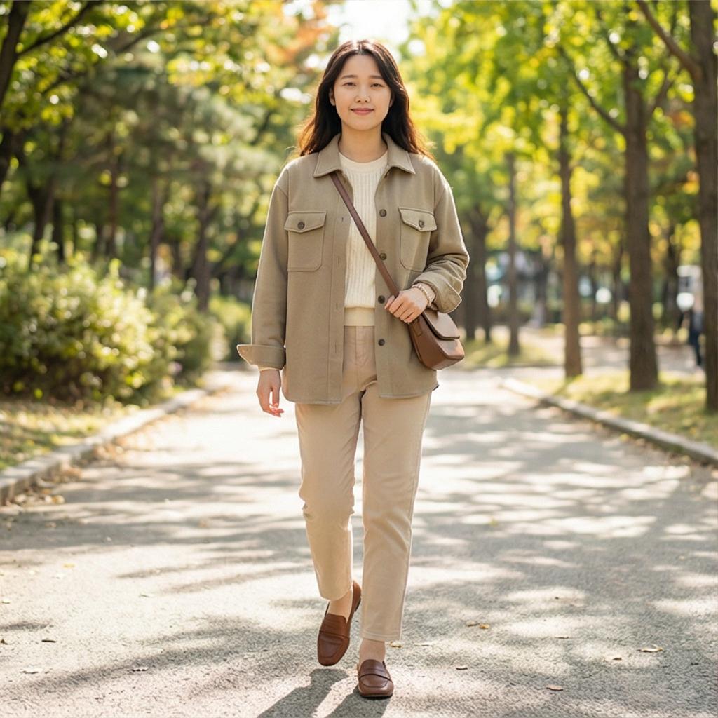 베이지색 코튼 팬츠: 부드러운 분위기의 나들이 룩