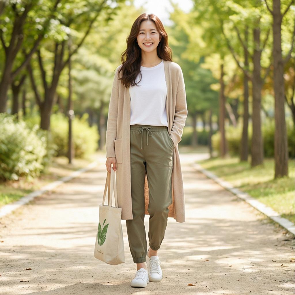 흰색 티셔츠, 롱 가디건: 편안한 주말 나들이 룩