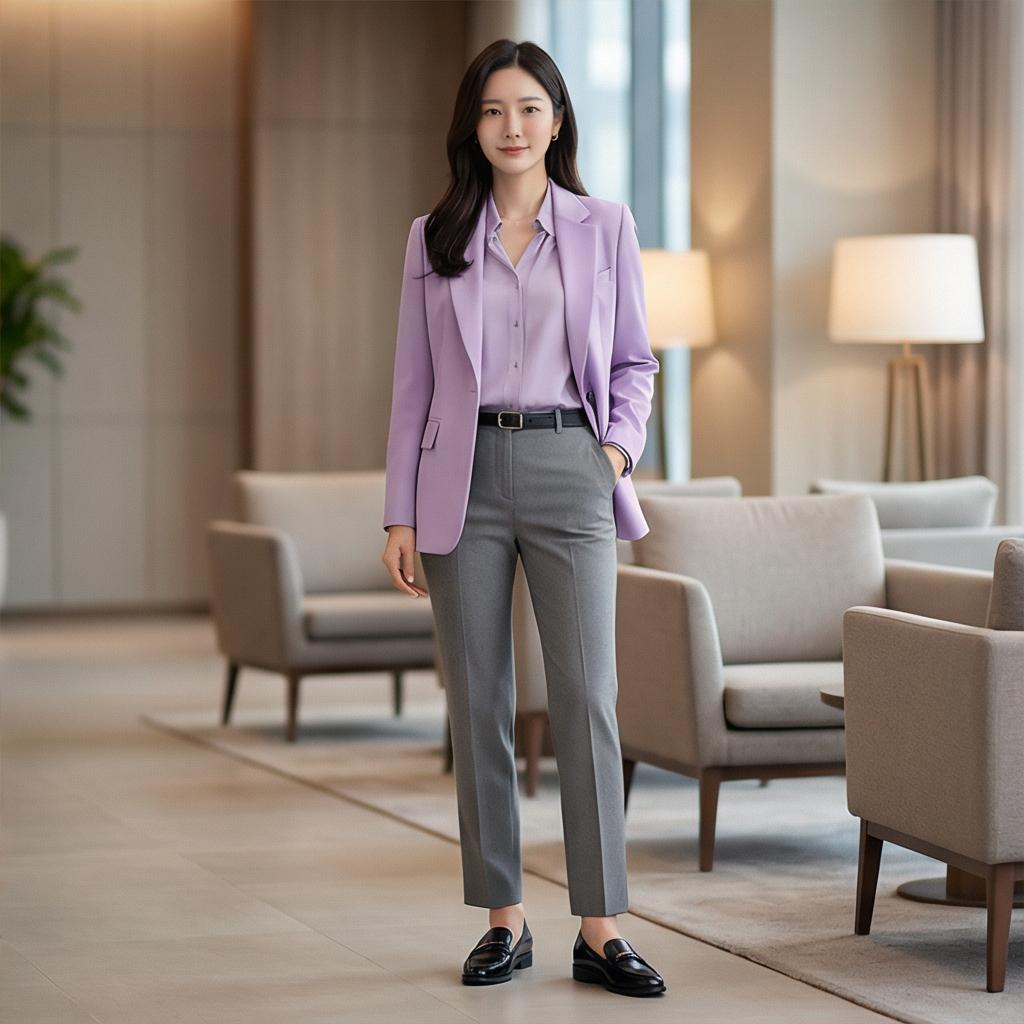 그레이 슬랙스: 지적인 비즈니스 캐주얼 룩