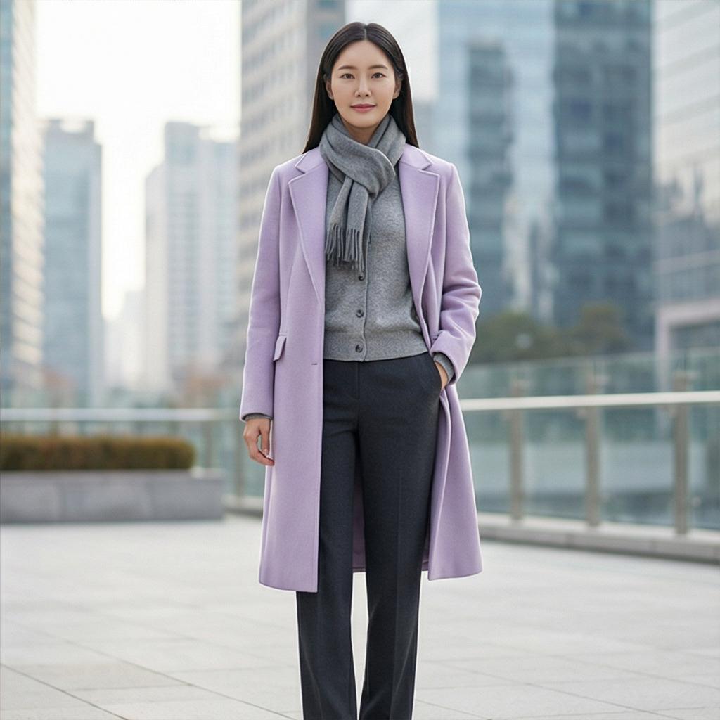 회색 니트와 슬랙스: 차분한 모던 룩