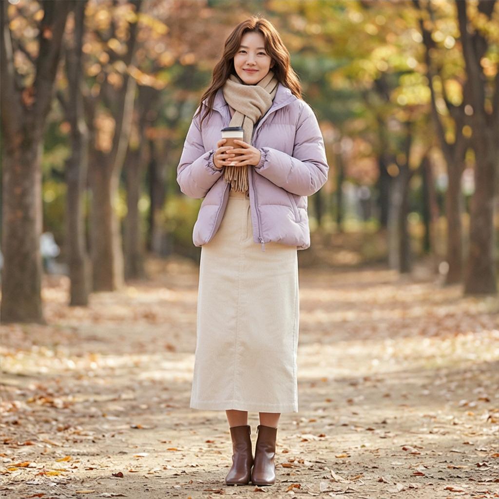 아이보리 코듀로이 스커트: 포근한 데이트 분위기