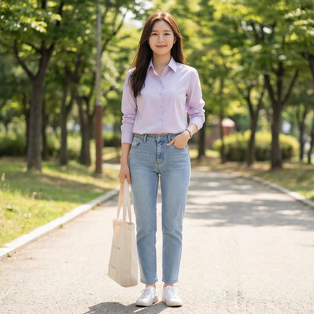 연청 데님 팬츠: 산뜻한 주말 나들이 룩