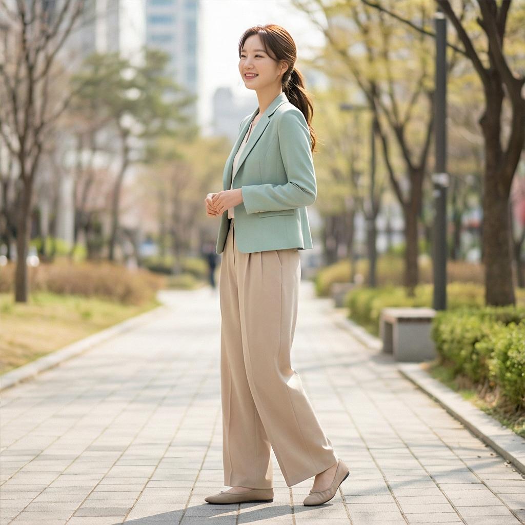 베이지 와이드 팬츠: 여유로운 나들이 룩