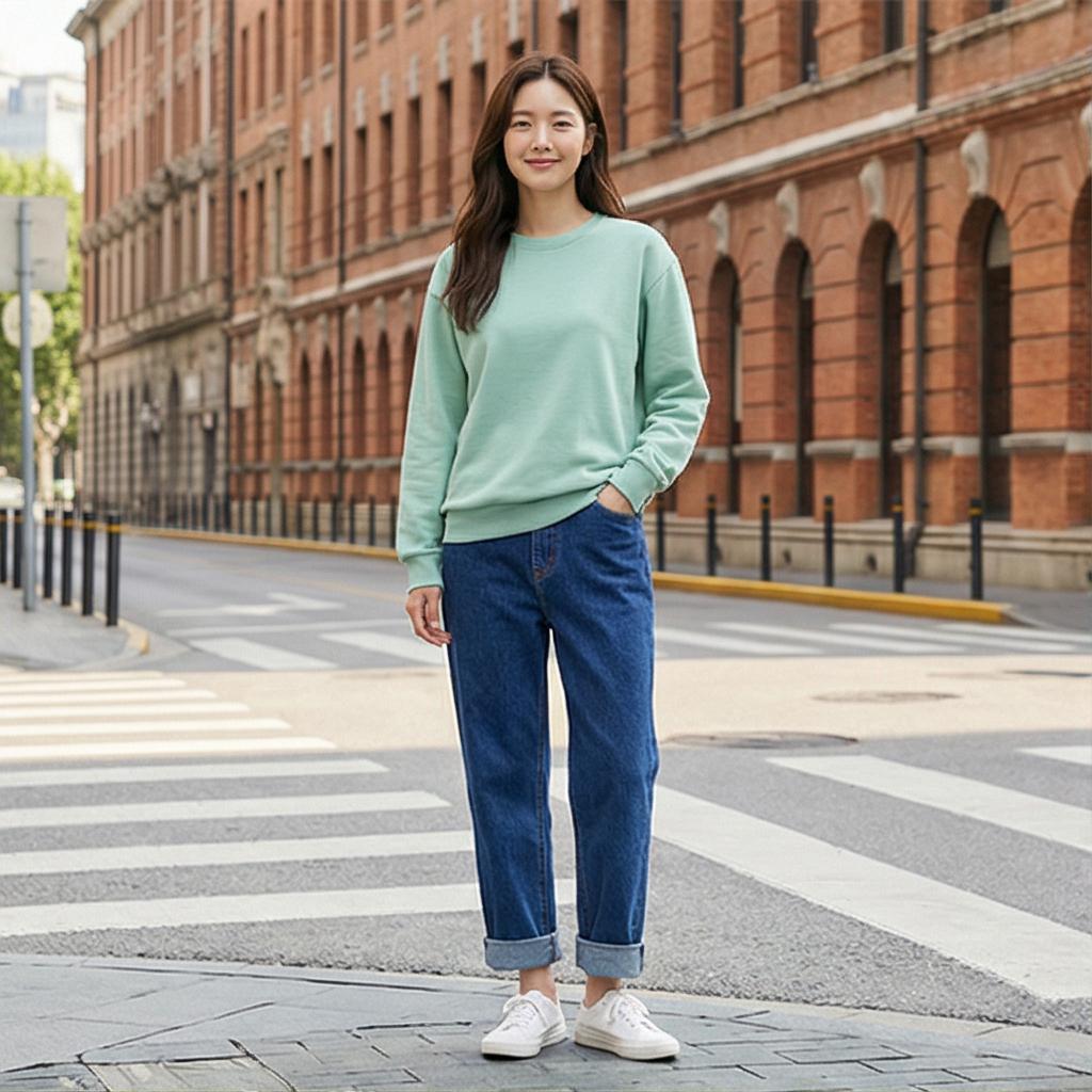 데님 팬츠와 화이트 스니커즈: 경쾌한 데일리 룩