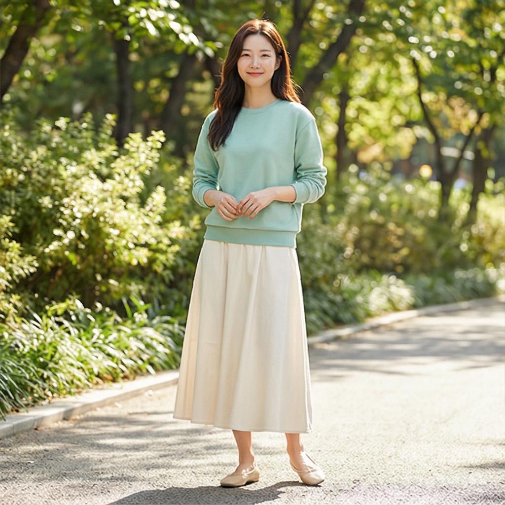 아이보리 롱 스커트와 플랫슈즈: 온화한 나들이 룩