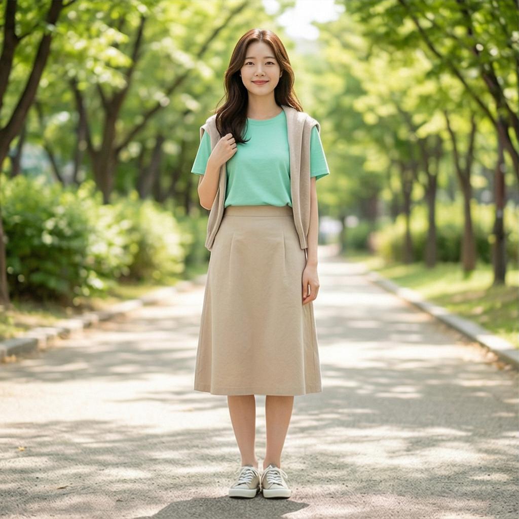 베이지 코튼 스커트: 차분한 주말 나들이 스타일