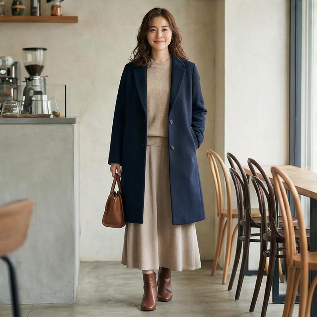 베이지 니트 & 롱 스커트: 우아한 데이트룩 분위기