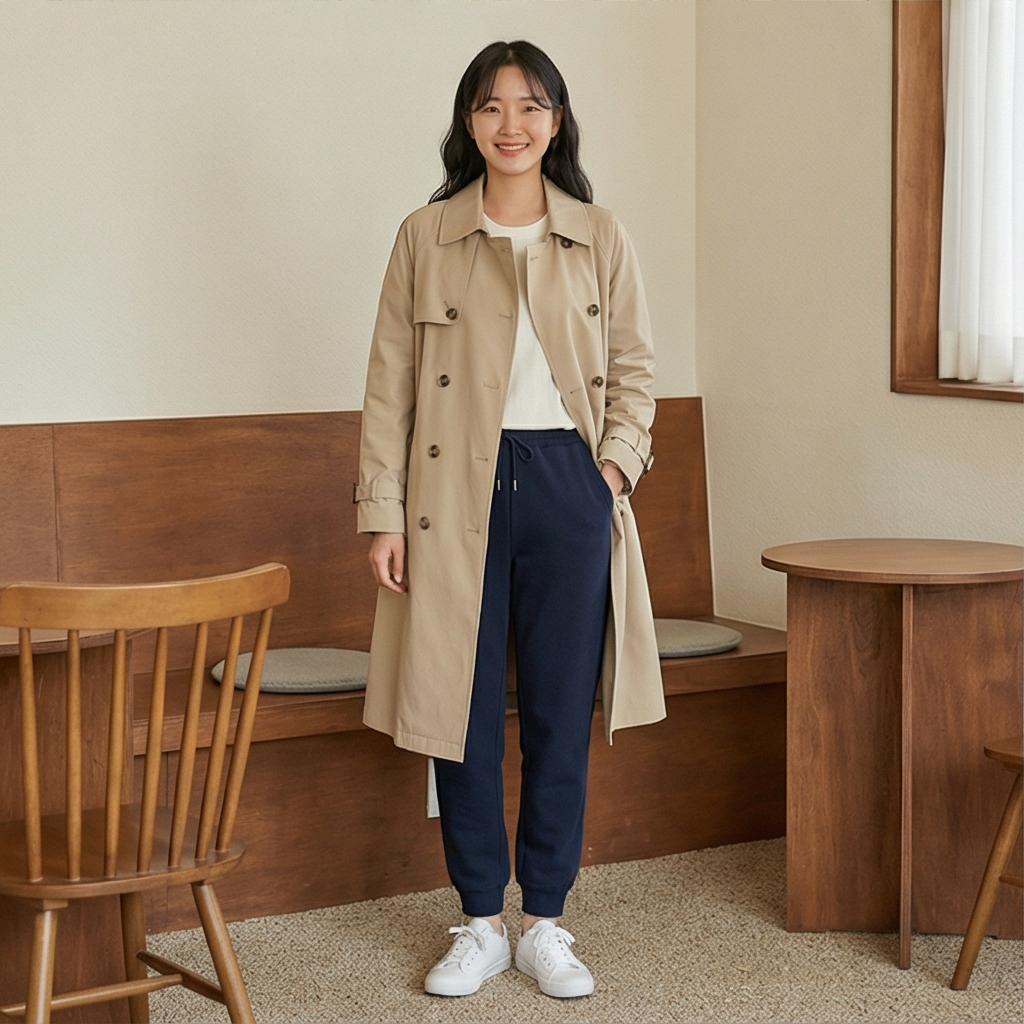 베이지 트렌치코트: 단정한 나들이 룩