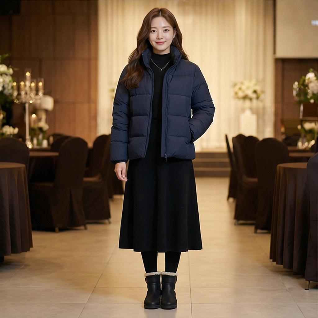 블랙 롱 스커트 & 앵클부츠: 우아한 모임 스타일