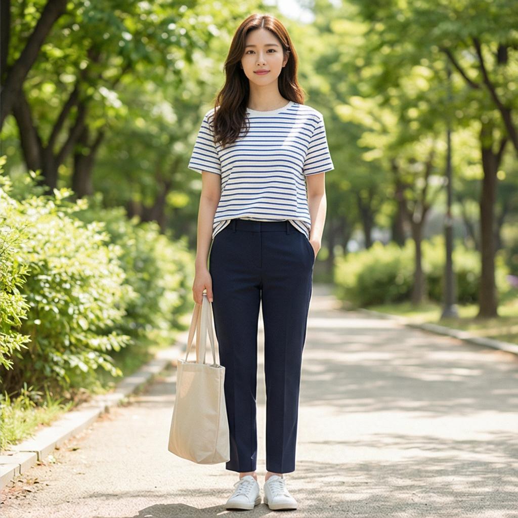 스트라이프 티셔츠: 편안하면서도 경쾌한 분위기