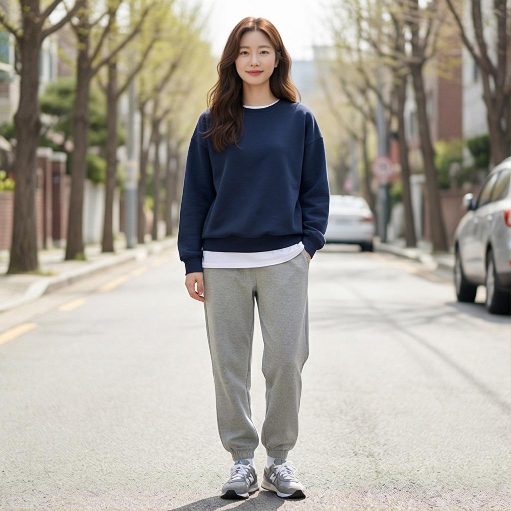 흰색 티셔츠와 회색 조거 팬츠: 편안한 마실 룩