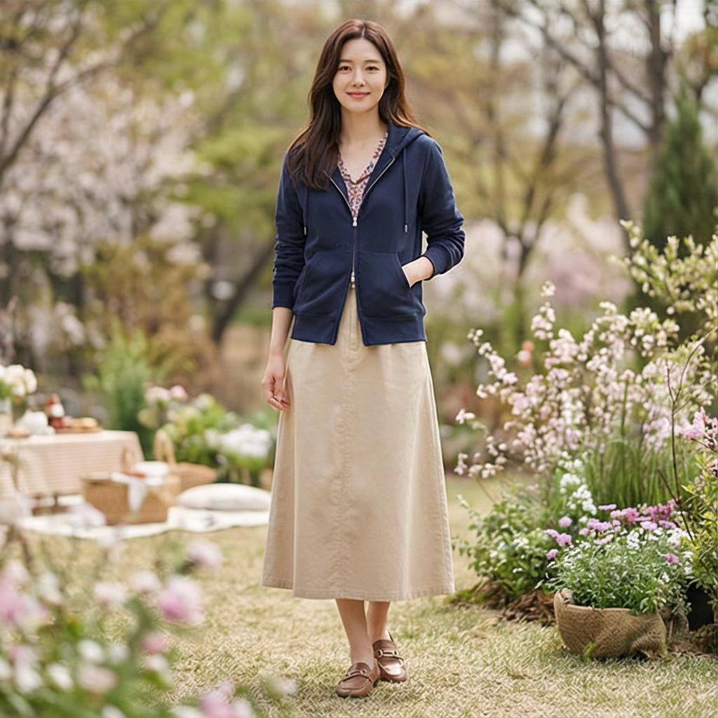 코튼 롱 스커트: 자연스러운 나들이룩