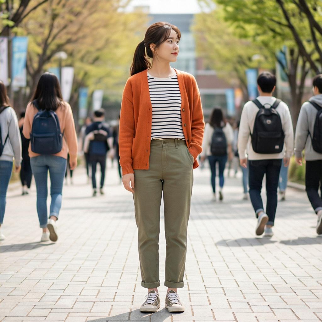 스트라이프 셔츠와 코튼 팬츠: 경쾌한 캠퍼스룩