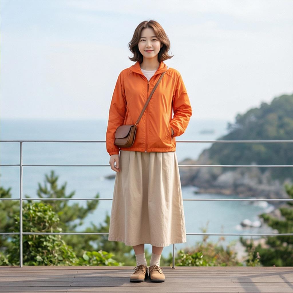 베이지색 롱 스커트: 부드러운 산책 룩