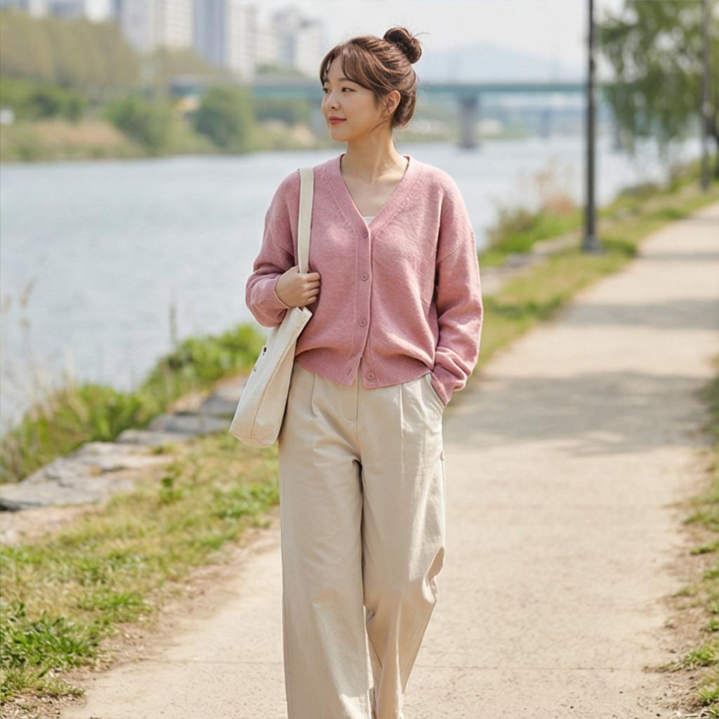 베이지 코튼 팬츠: 차분한 주말 나들이 룩