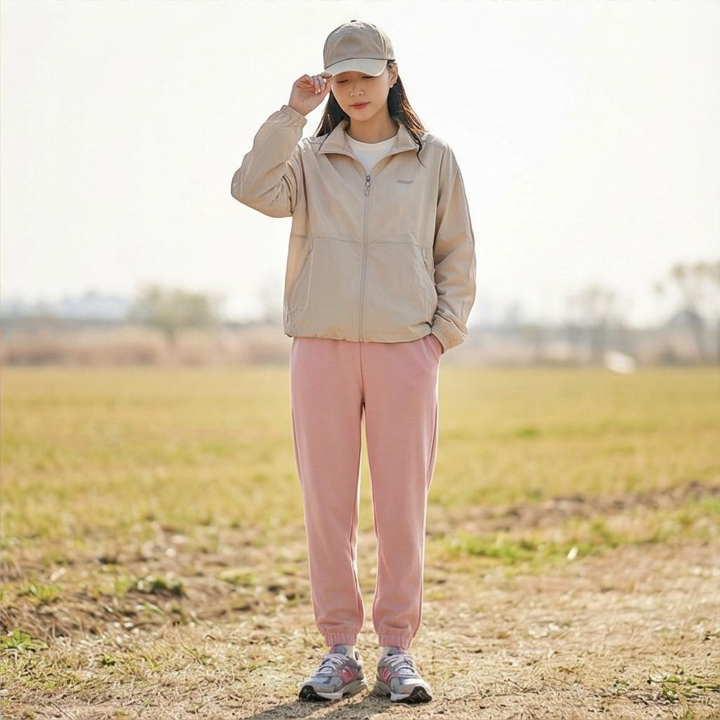 베이지색 윈드브레이커: 실용적인 애슬레저 룩