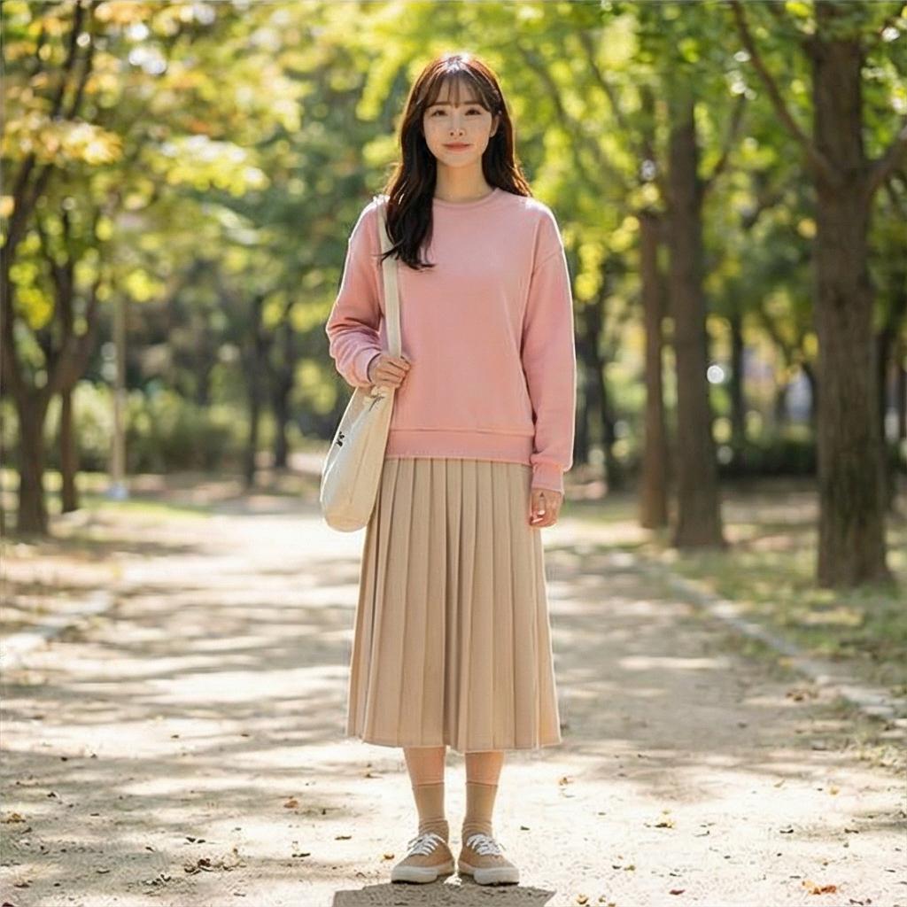 베이지색 롱 스커트: 부드러운 분위기의 나들이 룩