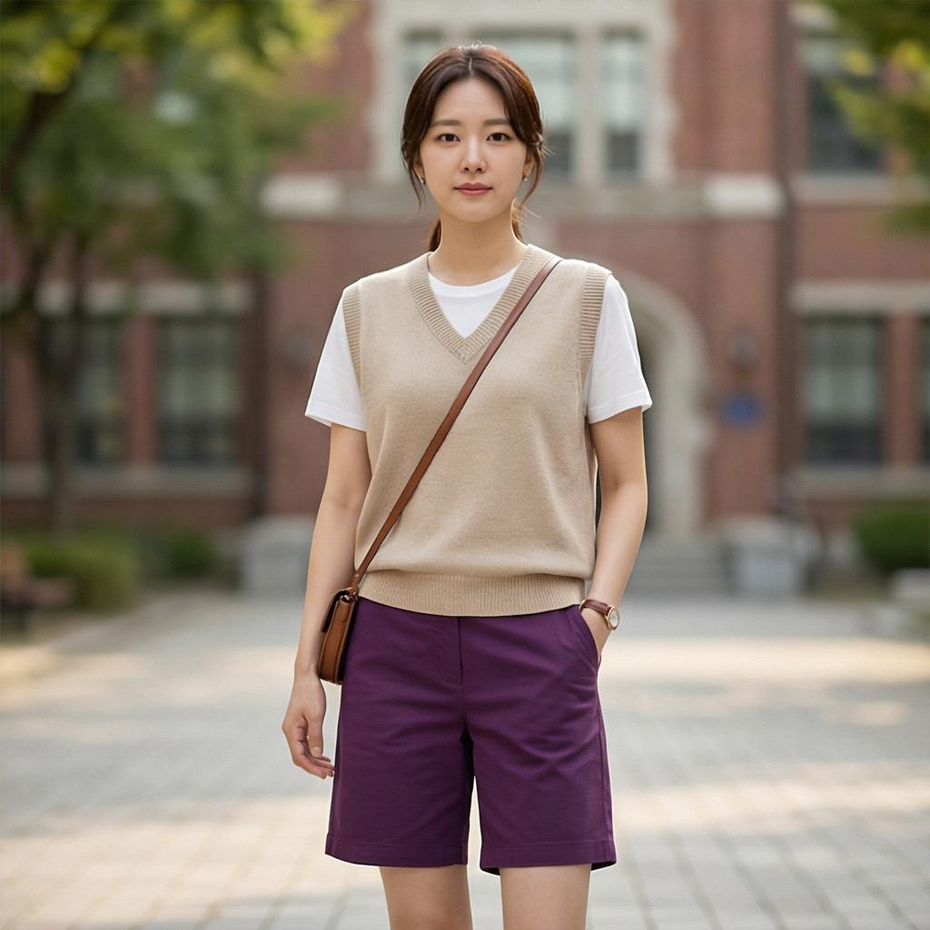 베이지색 니트 조끼: 지적인 캠퍼스 룩