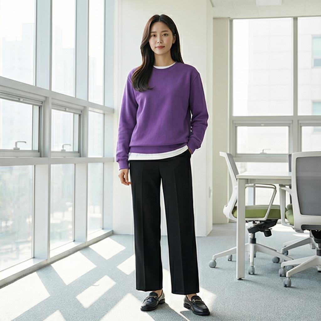 흰색 레이어드 티셔츠와 블랙 슬랙스: 단정한 비즈니스 캐주얼 룩