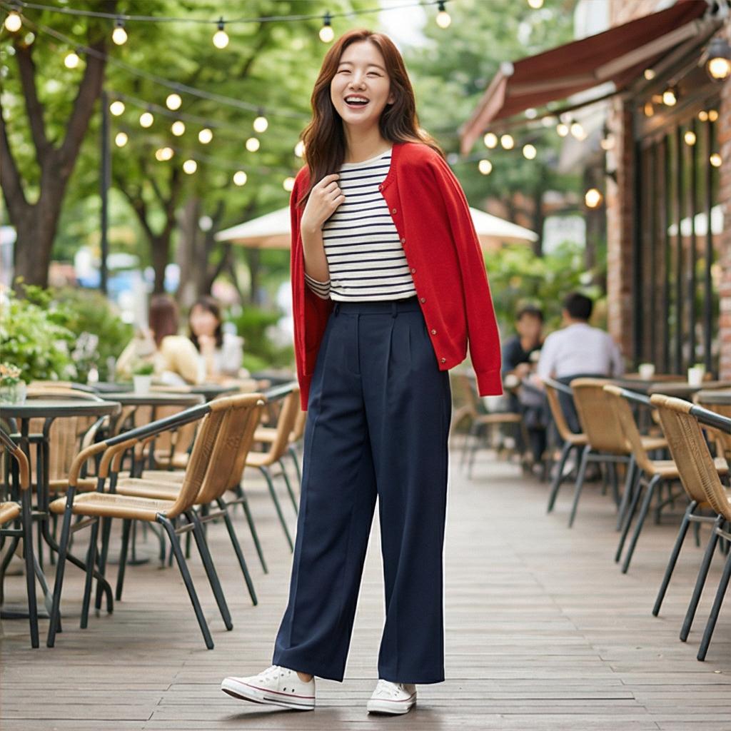네이비 와이드 팬츠: 편안한 주말 나들이 룩