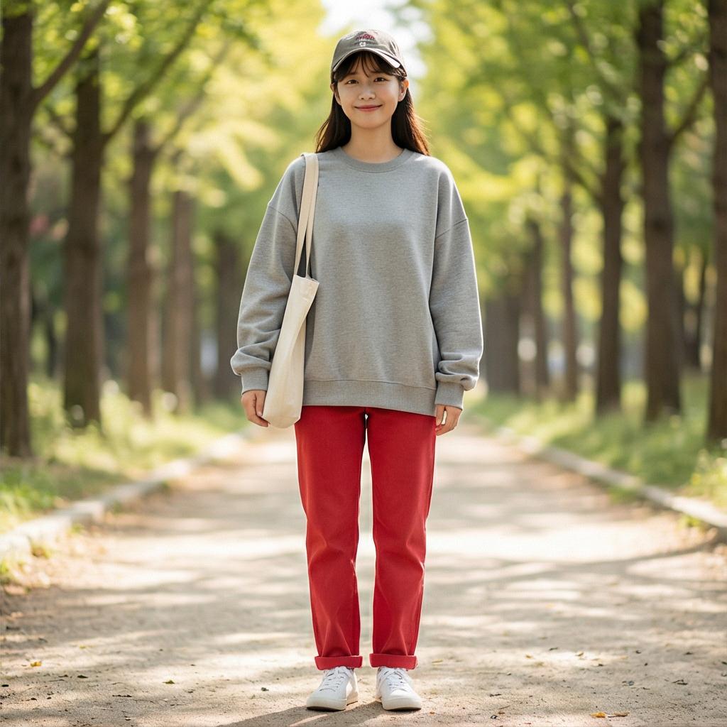 그레이 맨투맨 티셔츠: 편안한 근교 나들이 룩