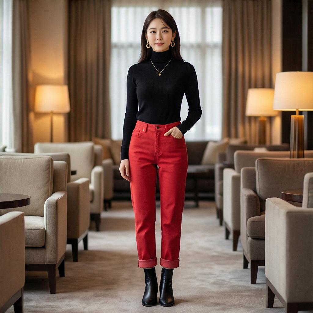 블랙 니트와 앵클부츠: 세련된 모임 분위기