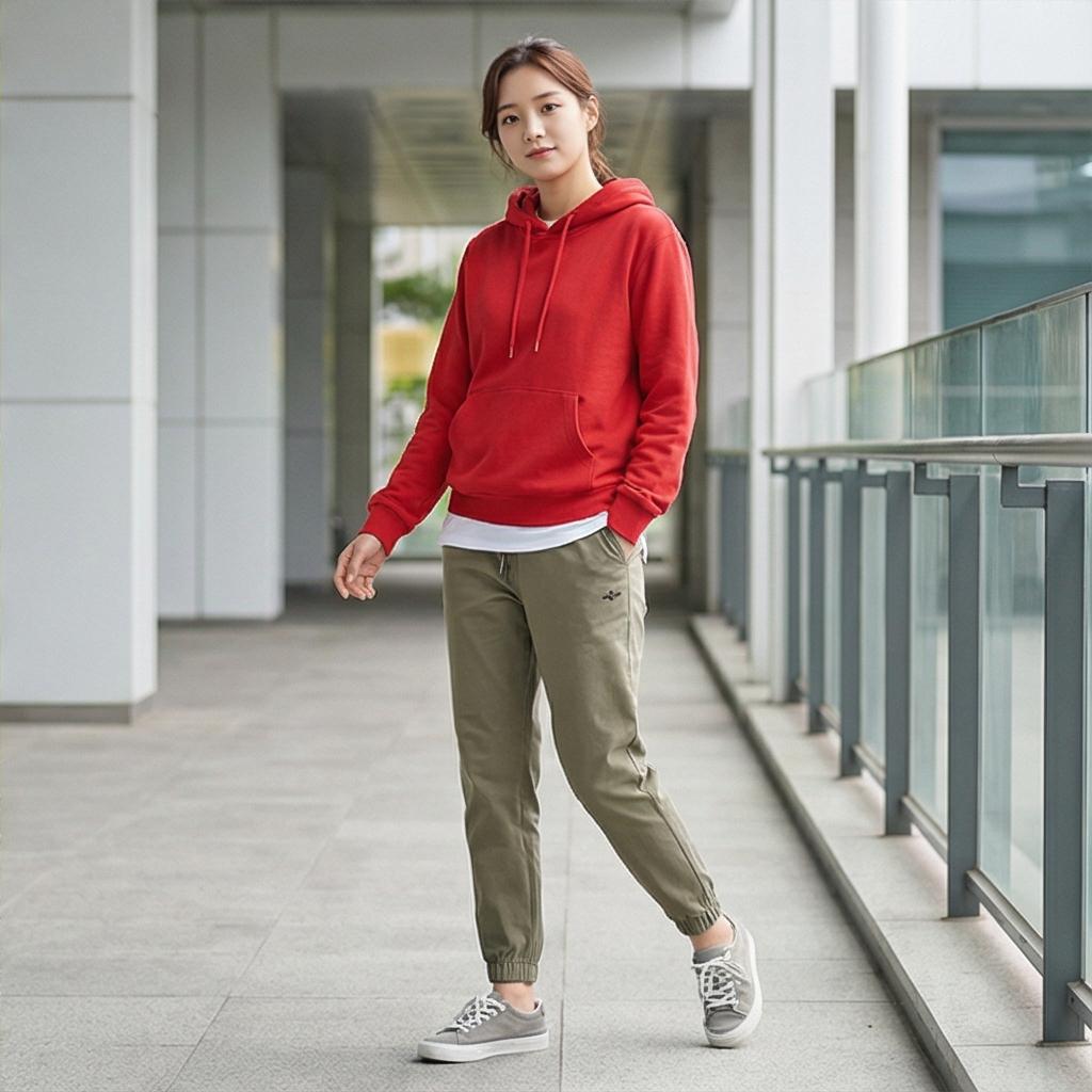 조거 팬츠와 티셔츠: 활동적인 산책 스타일