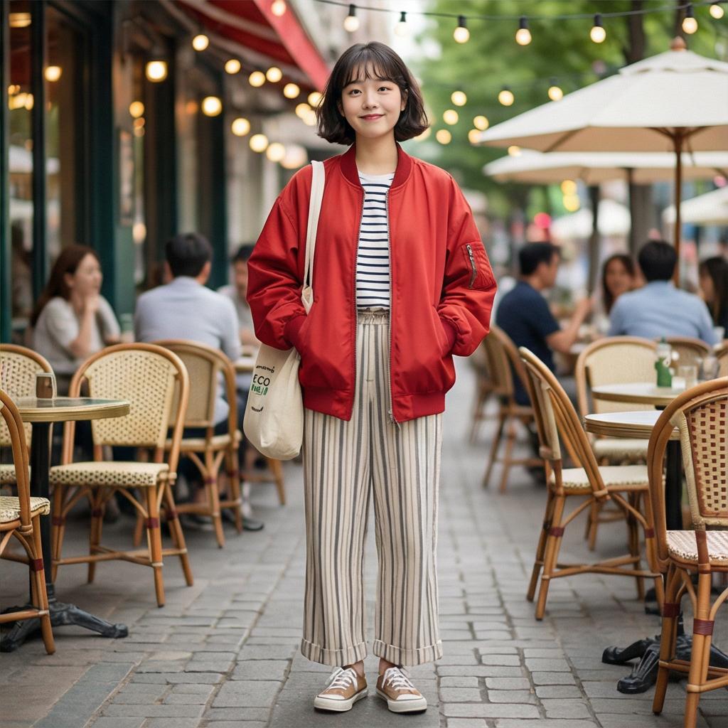 스트라이프 티셔츠와 와이드 팬츠: 경쾌한 분위기