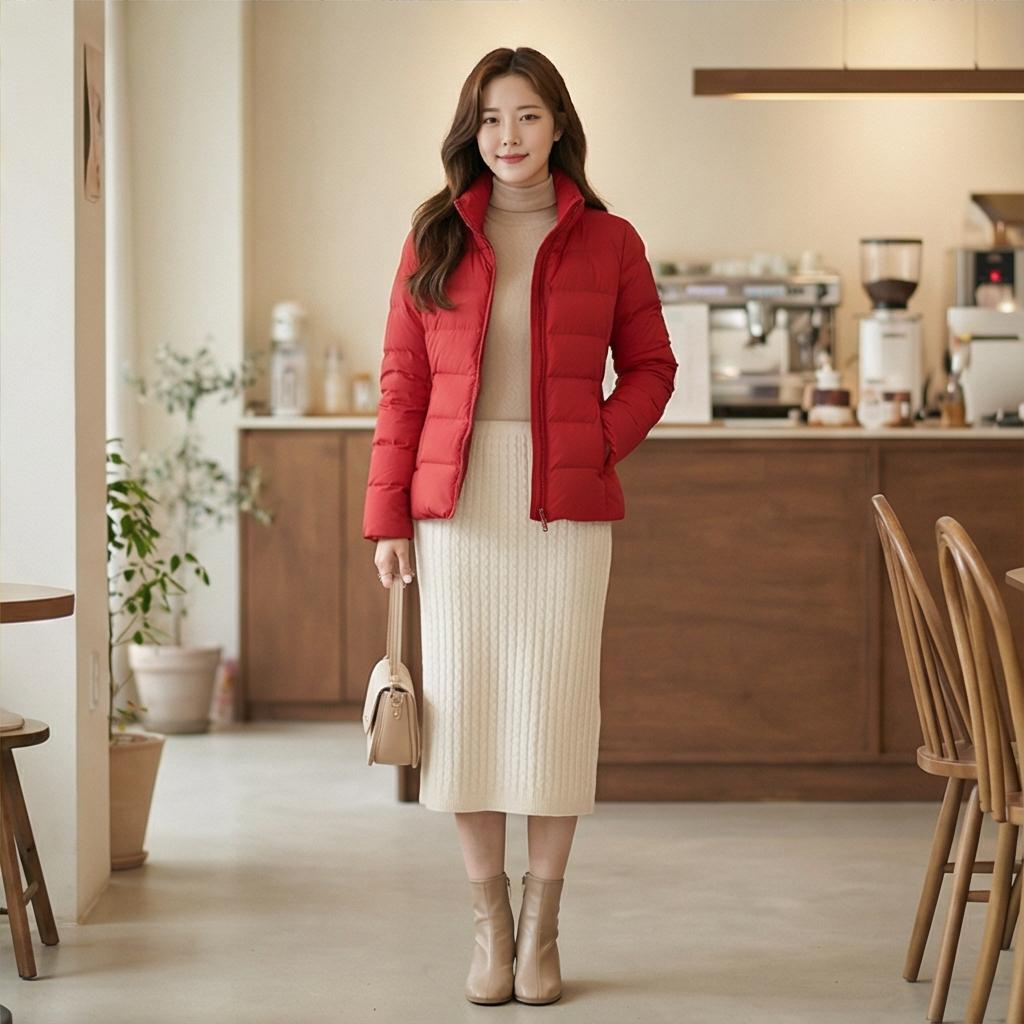 아이보리 니트 스커트: 부드럽고 따뜻한 분위기