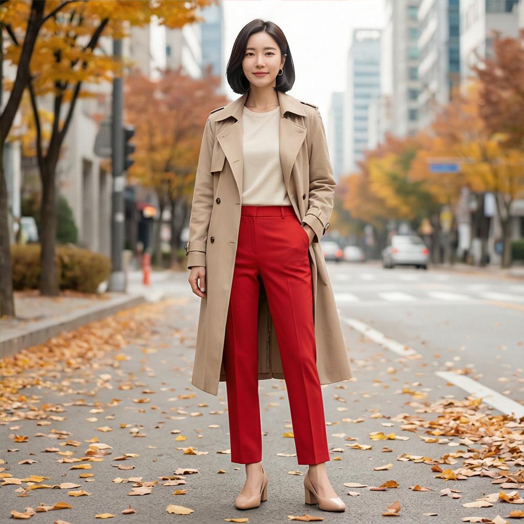 베이지색 트렌치코트: 분위기 있는 가을 출근룩