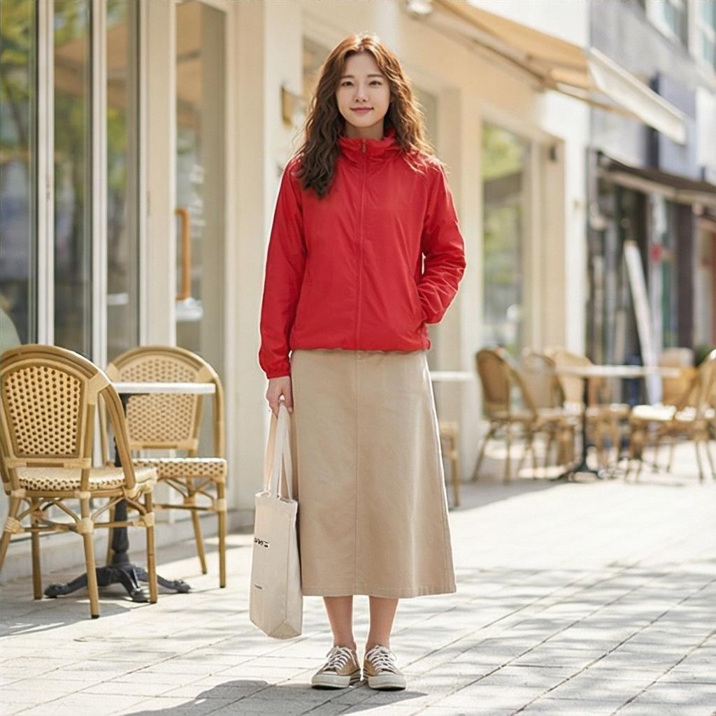 베이지색 롱 스커트: 부드러운 나들이룩