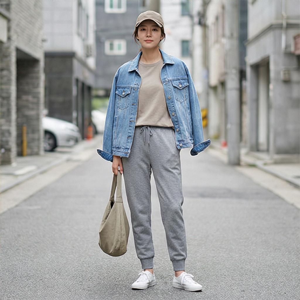 회색 조거 팬츠: 여유로운 무드의 이지 룩