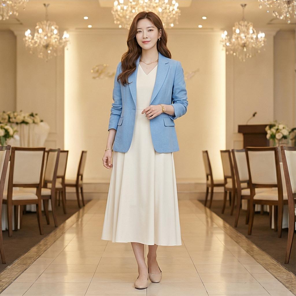 아이보리 원피스 & 플랫슈즈: 부드러운 하객 룩